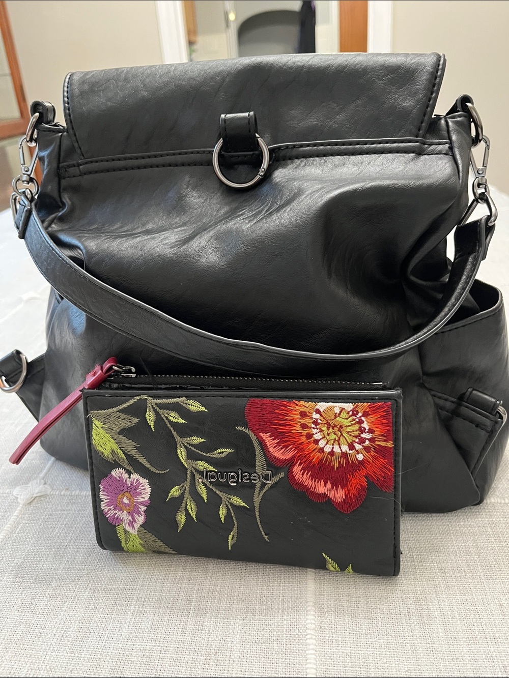Desigual Black Shoulder Bag with Red & Pink Floral Embroidery - Picture 2 of 4